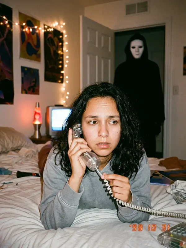 Bedroom phone call scene with the masked figure in the doorway