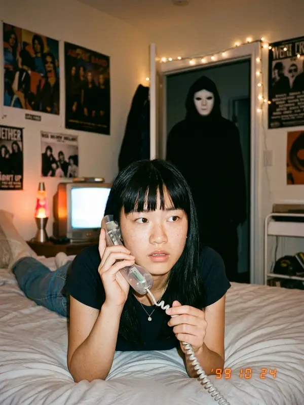 Woman with bangs on a corded phone, masked figure in the doorway
